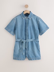Mid Blue Short Sleeve Belted Denim Playsuit - Image 5 of 7