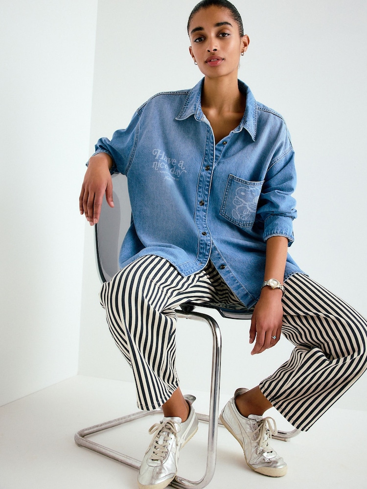 Mid Blue Snoopy License Relaxed Fit Long Sleeve Denim Shirt - Image 1 of 5