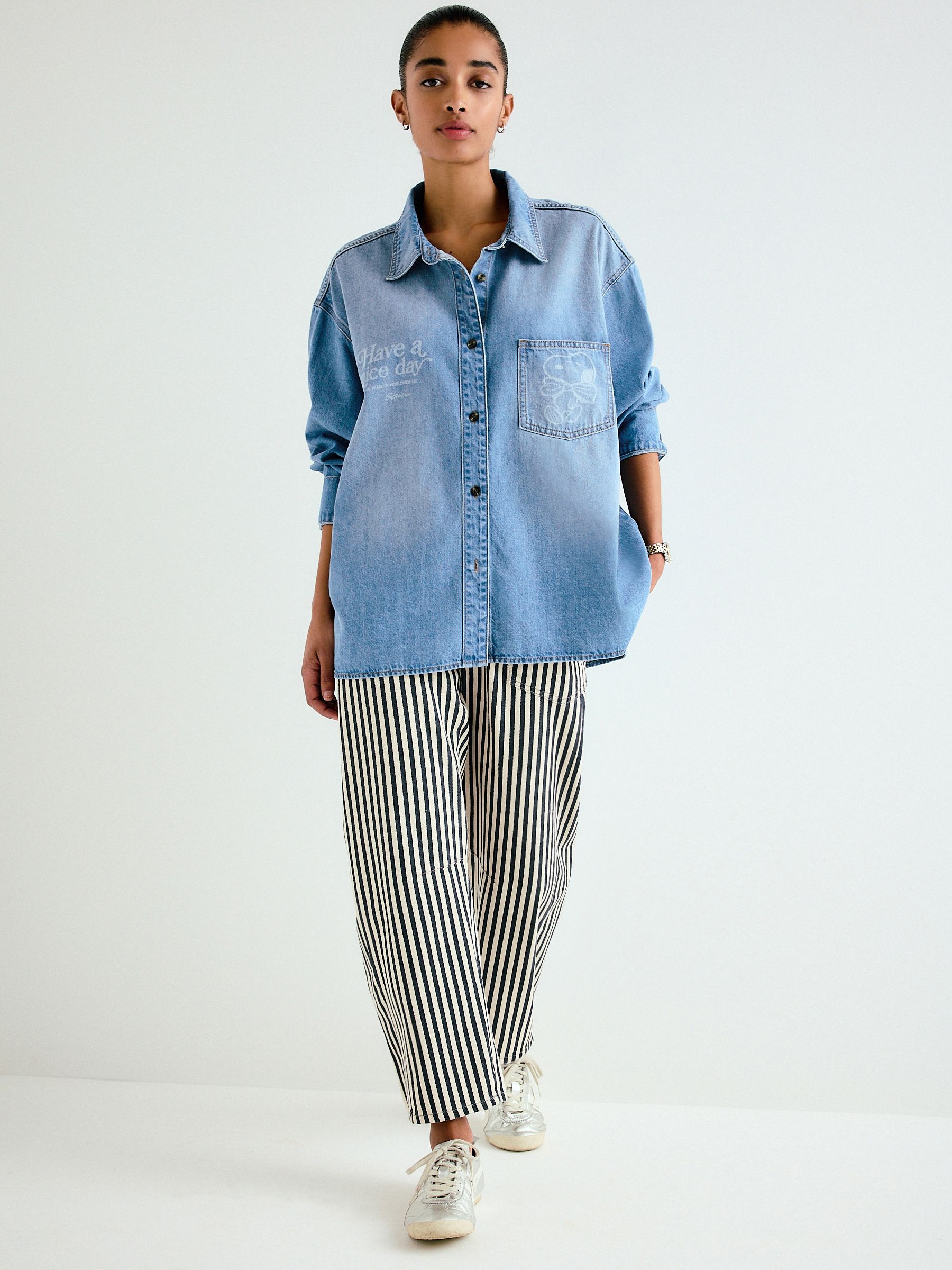 Buy Mid Blue Snoopy License Relaxed Fit Long Sleeve Denim Shirt