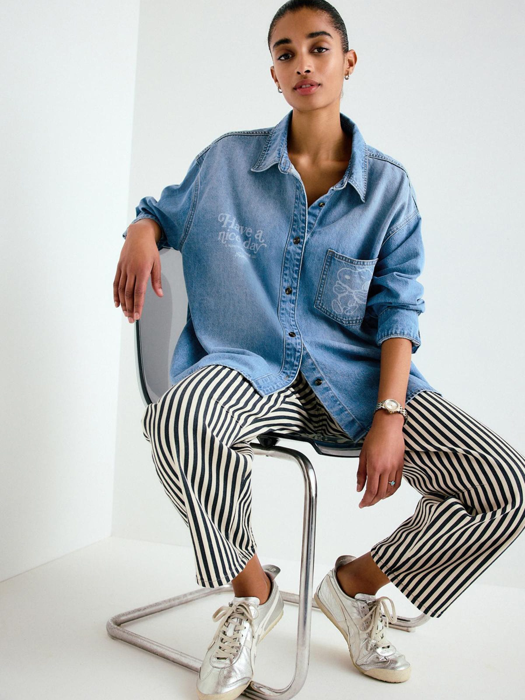 Buy Mid Blue Snoopy License Relaxed Fit Long Sleeve Denim Shirt