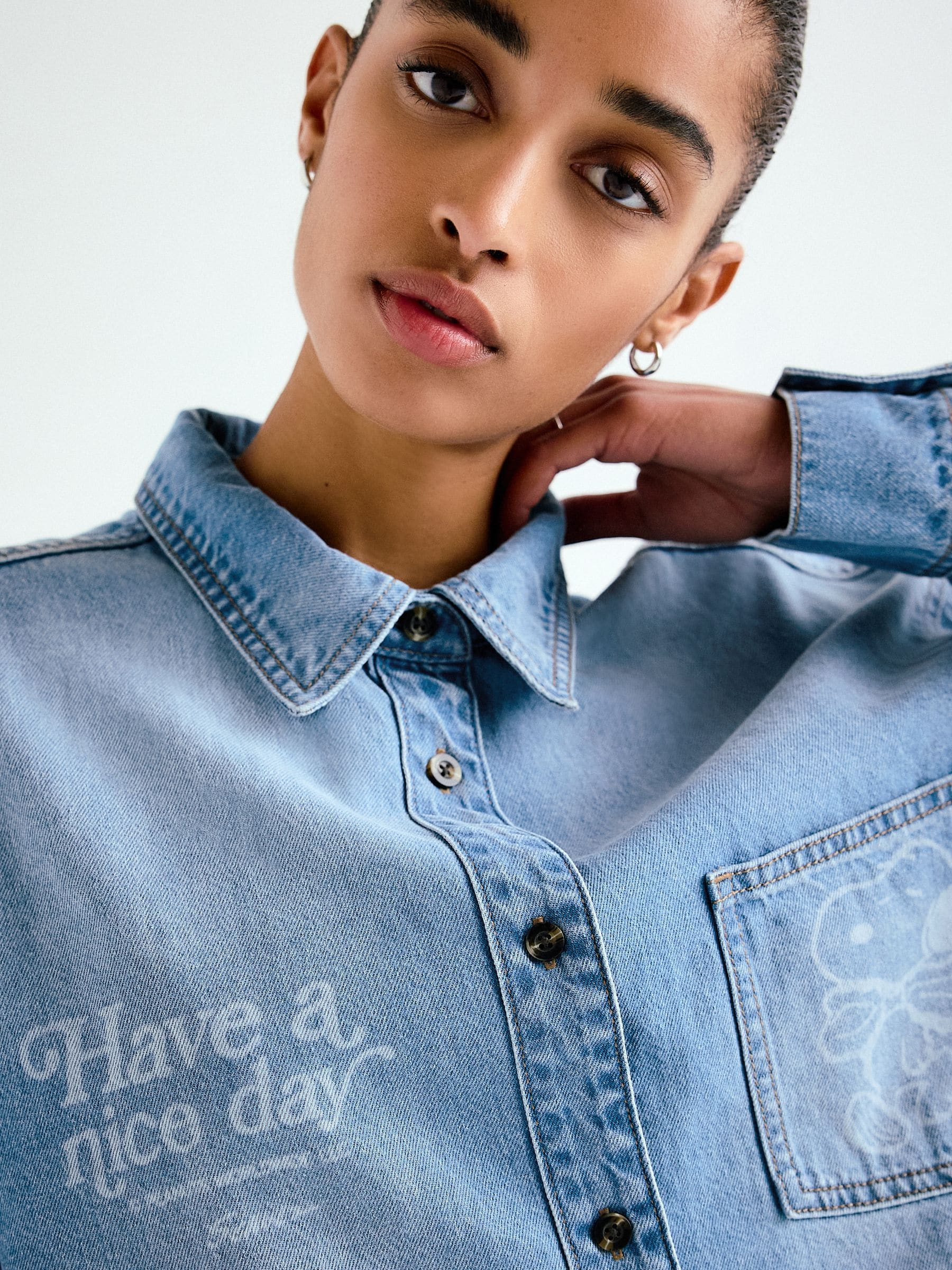 Buy Mid Blue Snoopy License Relaxed Fit Long Sleeve Denim Shirt