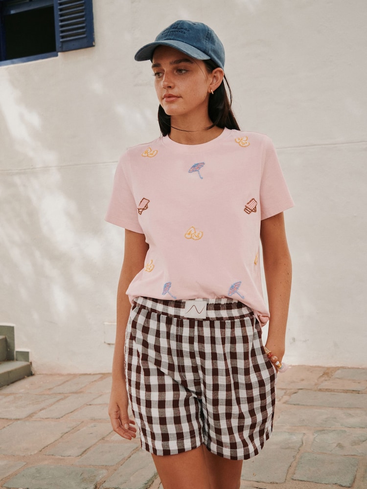 Chocolate/White Stripe Pull On Boxer Shorts with Linen - Image 1 of 9 Chocolate/White Stripe Pull On Boxer Shorts with Linen - Image 1 of 9