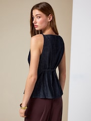 水洗藍色 - Button Through Strappy Waistcoat With Linen - 圖片 4/8