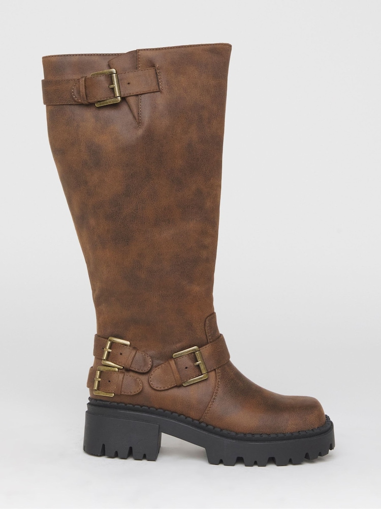 Simply Be Brown Wide Fit Chunky Biker Boots With Buckle Detail - Image 2 of 4 Simply Be Brown Wide Fit Chunky Biker Boots With Buckle Detail - Image 2 of 4