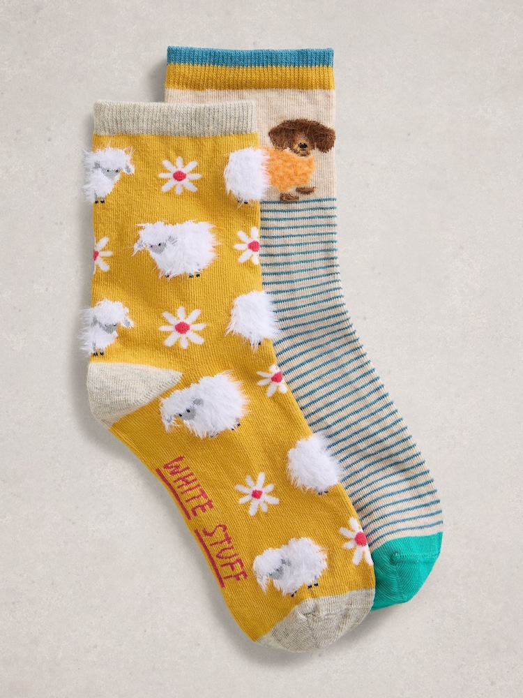 White Stuff Yellow 2 Pack Fluffy Animal Socks - Image 1 of 2