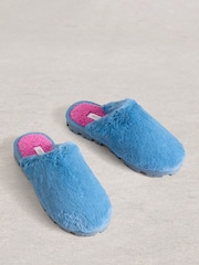 White Stuff Blue Faux Fur Mule Slippers - Image 3 of 4