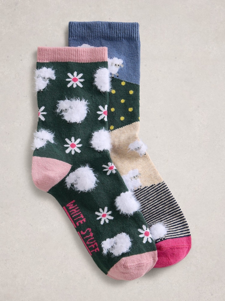 White Stuff Green 2 Pack Fluffy Sheep Socks - Image 1 of 2