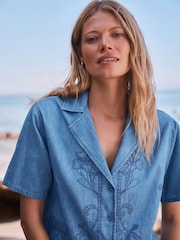 Mid Blue Embroidered Pull-On Denim Shorts - Image 10 of 14