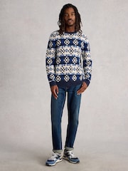 White Stuff Blue Geo Fairisle Crew Neck Jumper - Image 1 of 6