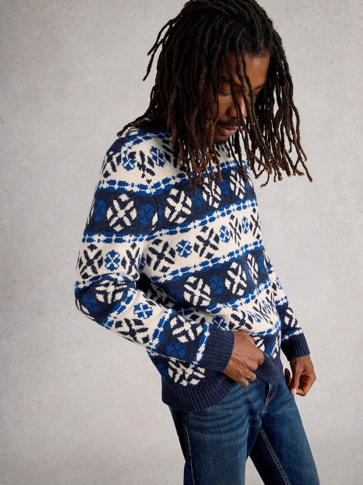 White Stuff Blue Geo Fairisle Crew Neck Jumper - Image 2 of 6