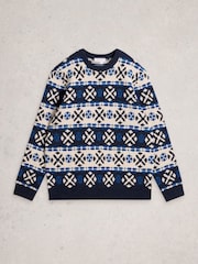 White Stuff Blue Geo Fairisle Crew Neck Jumper - Image 6 of 6