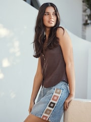 Crochet Mid Blue Split Hem High Rise Denim Shorts - Image 1 of 5