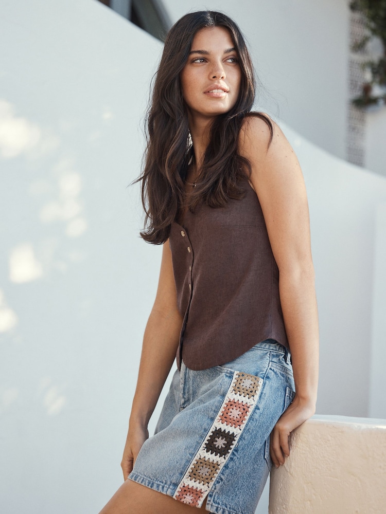 Crochet Mid Blue Split Hem High Rise Denim Shorts - Image 1 of 5