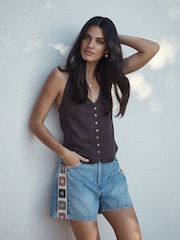 Crochet Mid Blue Split Hem High Rise Denim Shorts - Image 2 of 5