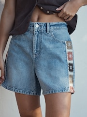 Crochet Mid Blue Split Hem High Rise Denim Shorts - Image 5 of 5