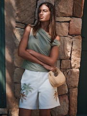 Ecru Palm Embroidery High Rise A-Line Denim Shorts - Image 1 of 8