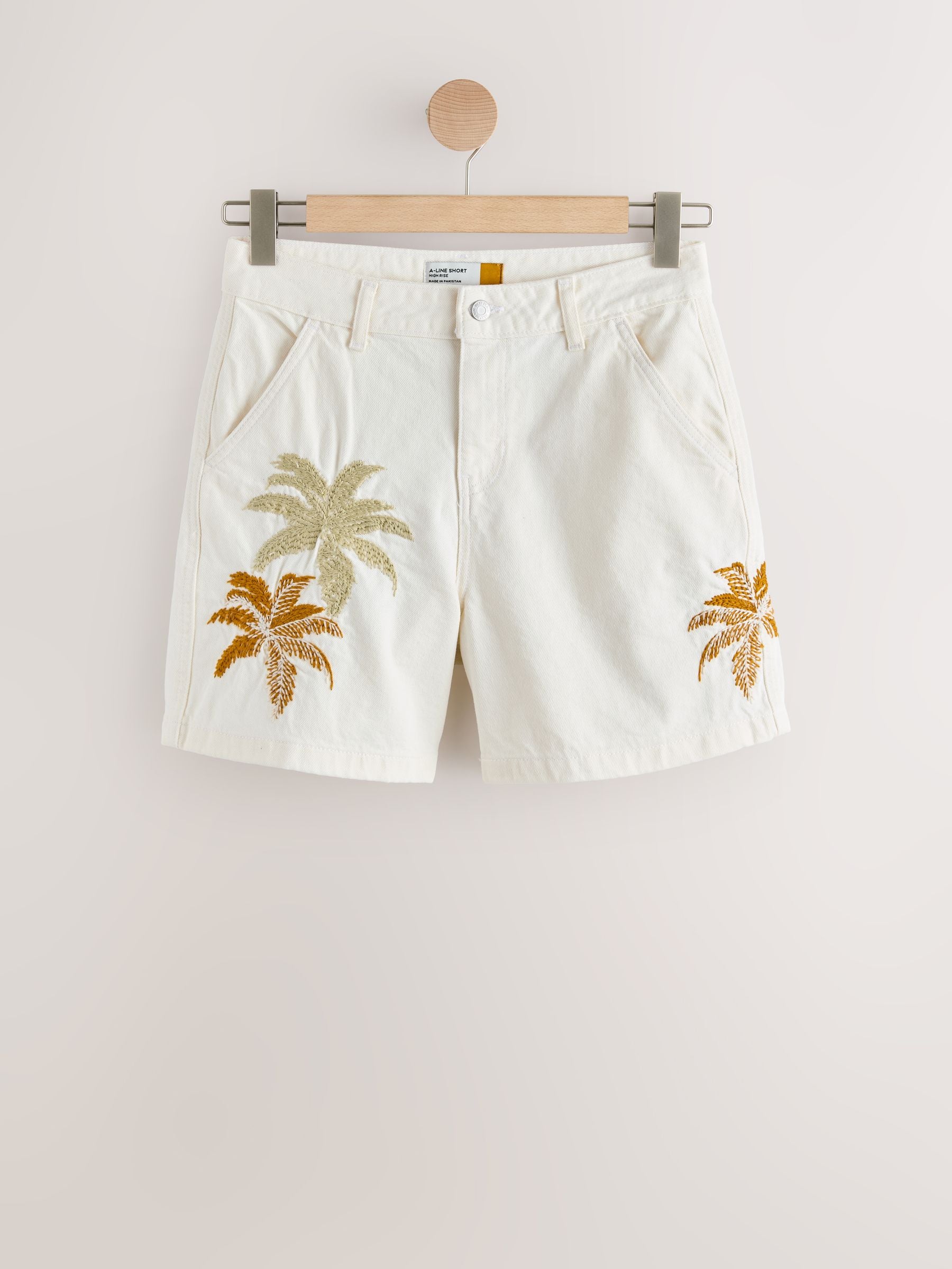 Buy Ecru Palm Embroidery High Rise A-Line Denim Shorts from the