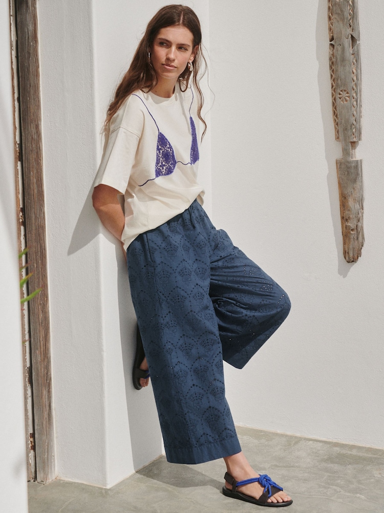 Navy Shell Broderie Crop Wide Leg Trousers - Image 1 of 3