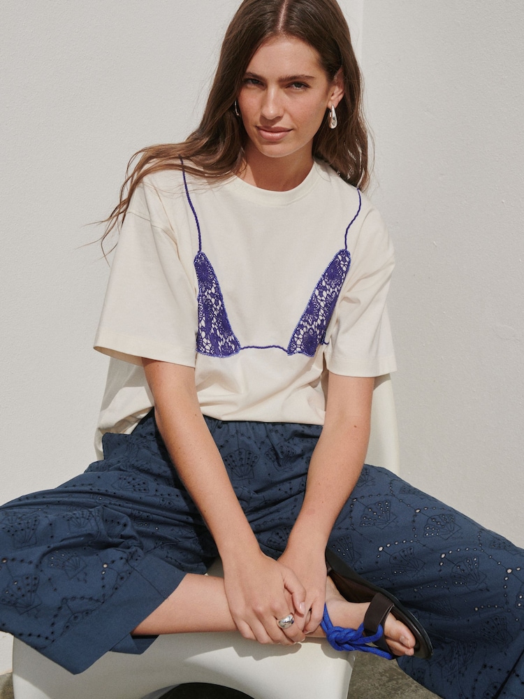 Navy Shell Broderie Crop Wide Leg Trousers - Image 2 of 3