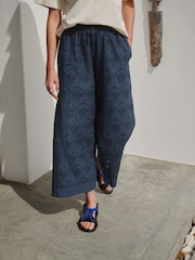 Navy Shell Broderie Crop Wide Leg Trousers - Image 3 of 3