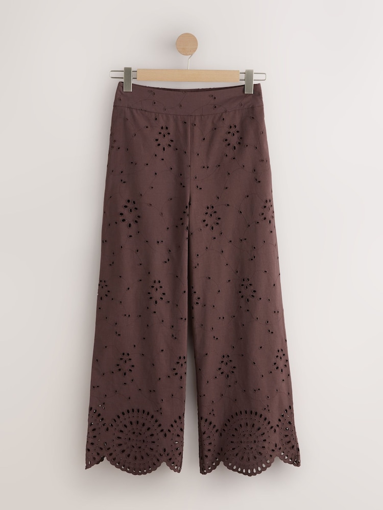 Chocolate Brown Broderie Crop Wide Leg Trousers - Image 1 of 3 Chocolate Brown Broderie Crop Wide Leg Trousers - Image 1 of 3