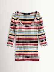 Weekend MaxMara Red Guglia Ballerina Neckline Woven Striped Top - Image 1 of 4