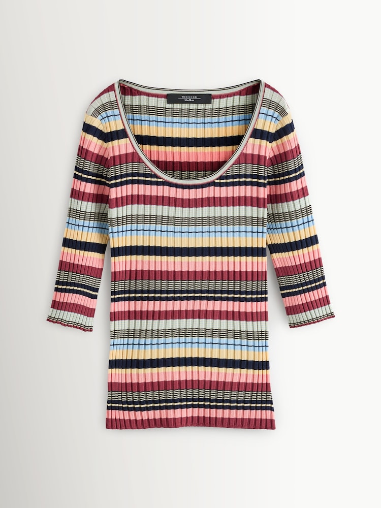 Weekend MaxMara Red Guglia Ballerina Neckline Woven Striped Top - Image 1 of 4