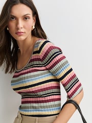 Weekend MaxMara Red Guglia Ballerina Neckline Woven Striped Top - Image 5 of 9