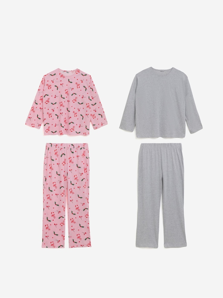 Simply Be Pink 2 Pack Mistletoe Long Sleeve Pyjamas Set - Image 1 of 4