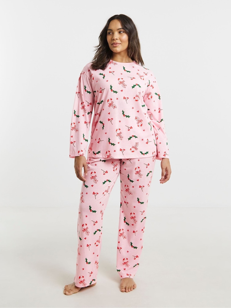Simply Be Pink 2 Pack Mistletoe Long Sleeve Pyjamas Set - Image 2 of 4