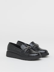 JD Williams Black Wide Fit Low Wedge Loafers With Chain Trim - Image 2 of 3