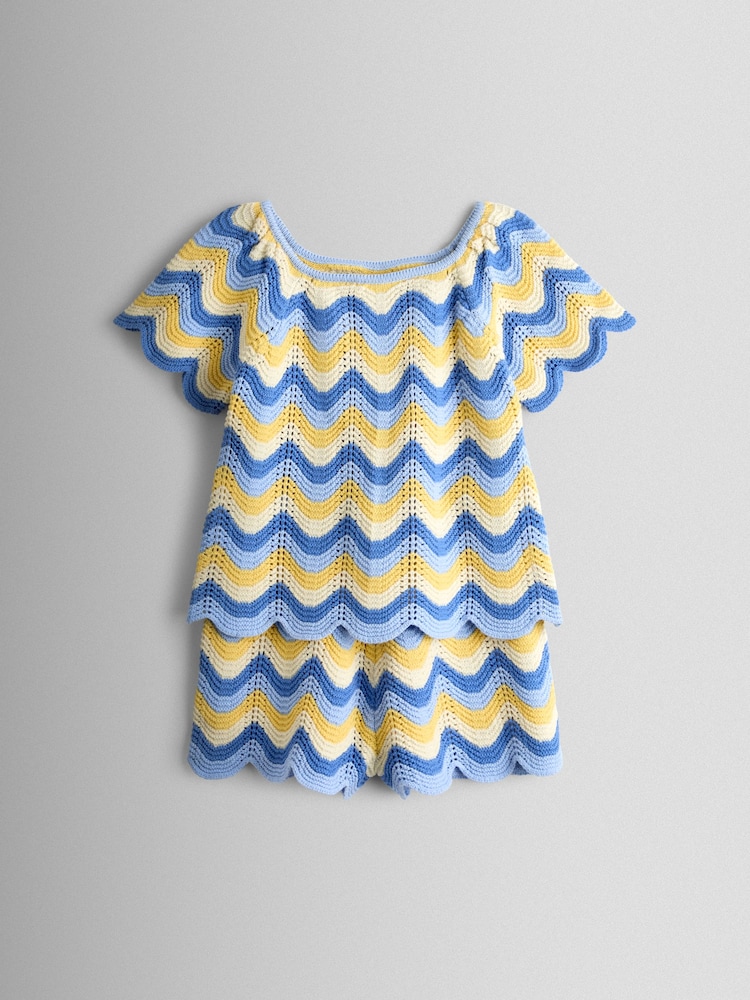 JoJo Maman Bébé Blue Chevron Crochet Top & Short Set - Image 1 of 6