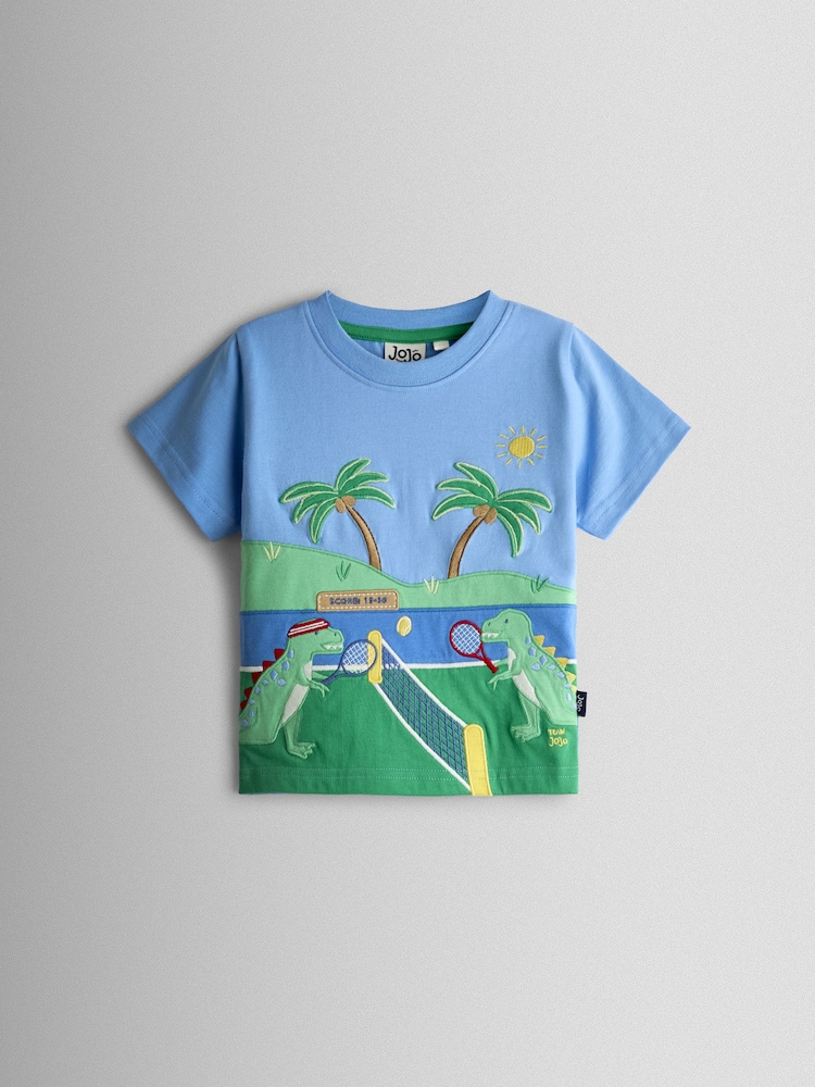 JoJo Maman Bébé Blue Tennis Dino Appliqué T-Shirt - Image 1 of 3