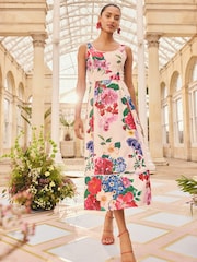 Love & Roses x RHS Ivory Floral Structured Scoop Neck Midi Dress - Image 1 of 6