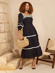 Love & Roses Black Ric Rac Trim Square Neck Midi Dress - Image 1 of 4