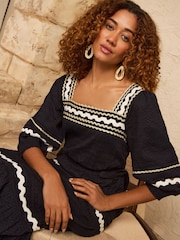 Love & Roses Black Ric Rac Trim Square Neck Midi Dress - Image 2 of 4