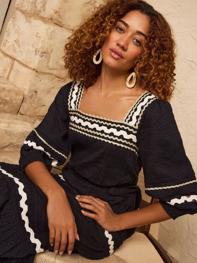 Love & Roses Black Ric Rac Trim Square Neck Midi Dress - Image 2 of 4 Love & Roses Black Ric Rac Trim Square Neck Midi Dress - Image 2 of 4