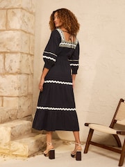 Love & Roses Black Ric Rac Trim Square Neck Midi Dress - Image 4 of 4