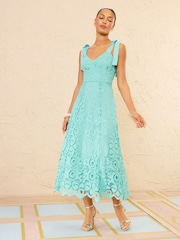 Love & Roses Tie Shoulder Lace Broderie Midi Dress - 4суретінің 3 суреті