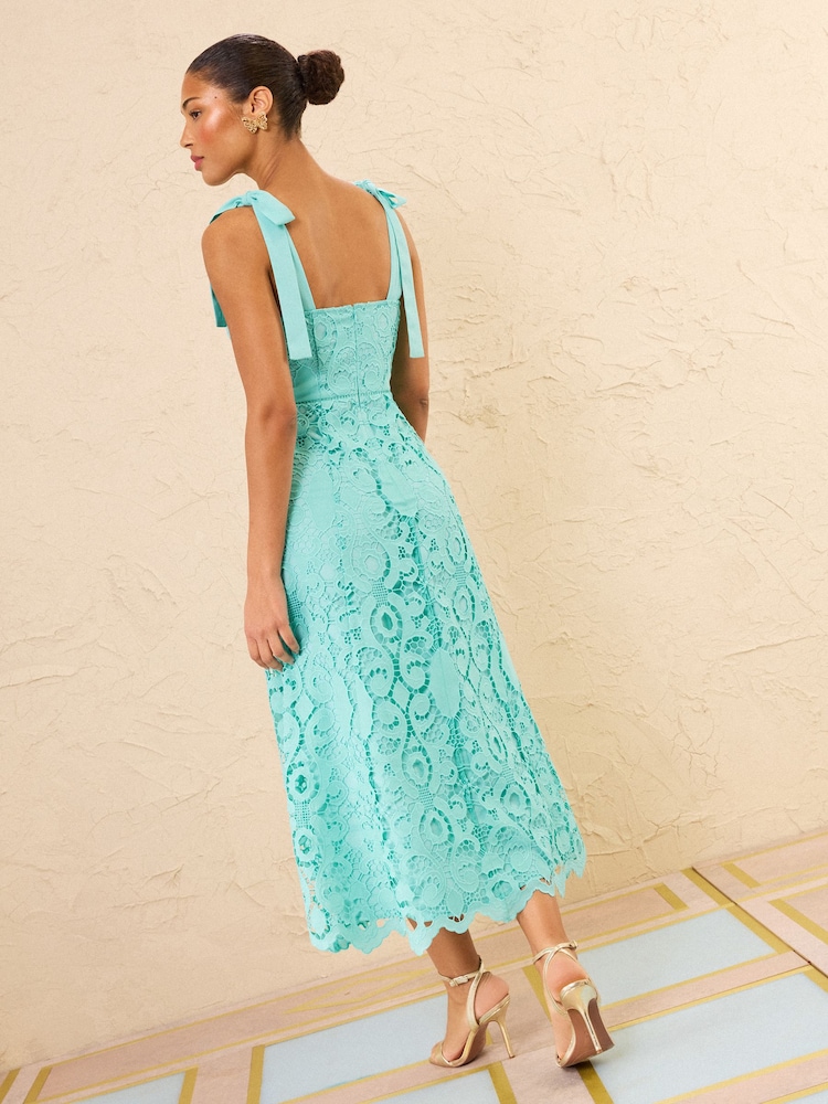 Love & Roses Tie Shoulder Lace Broderie Midi Dress - 4суретінің 4 суреті