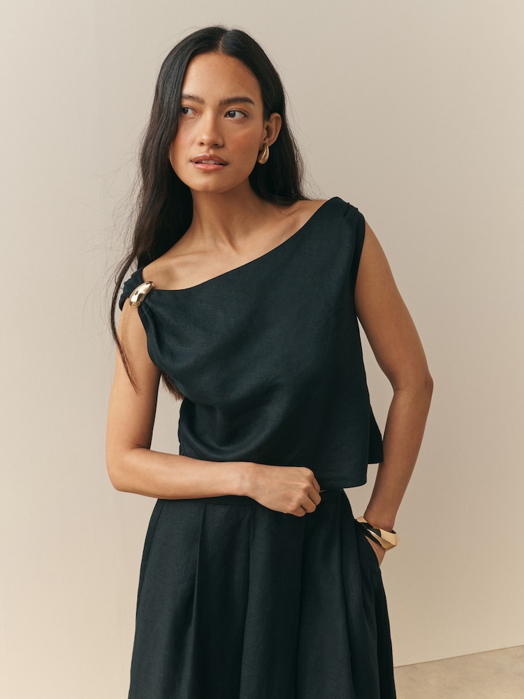 Nothing Ordinary Black Linen Hardware Detail Draped Top - Image 1 of 2