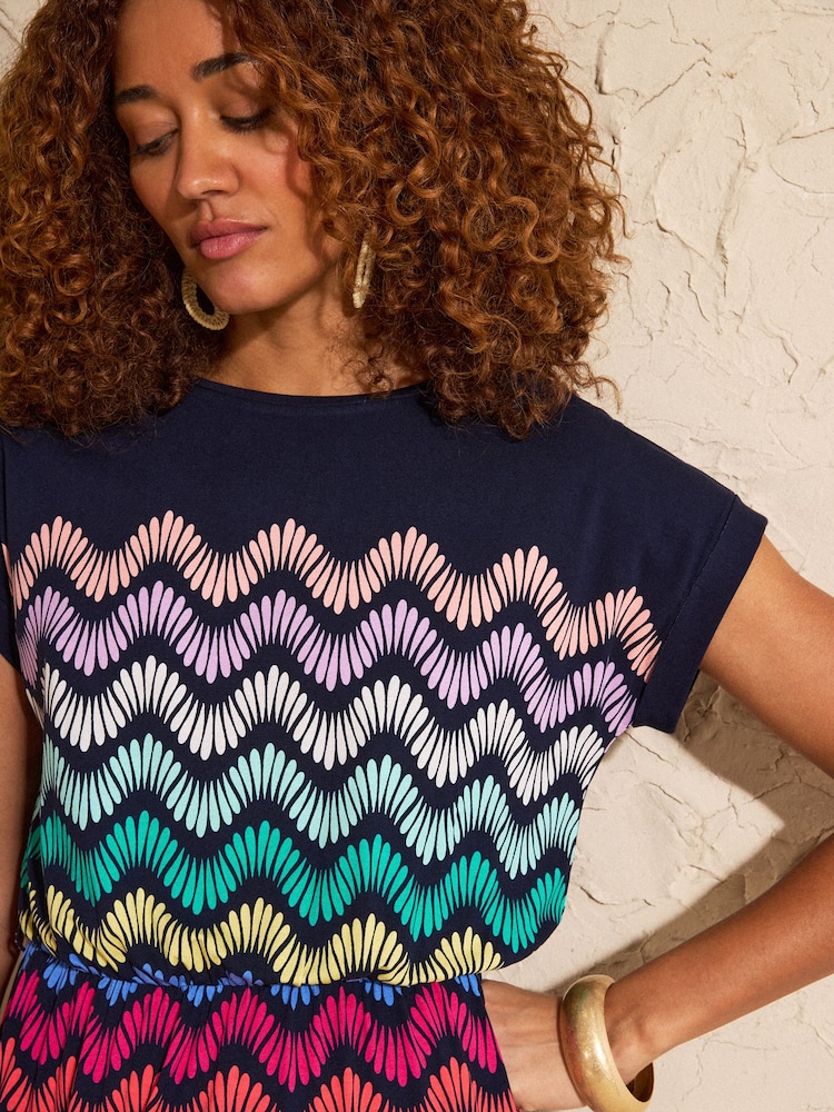 Love & Roses Navy Multi Petal Wave Print Crew Neck T-Shirt Mini Dress - Image 2 of 4