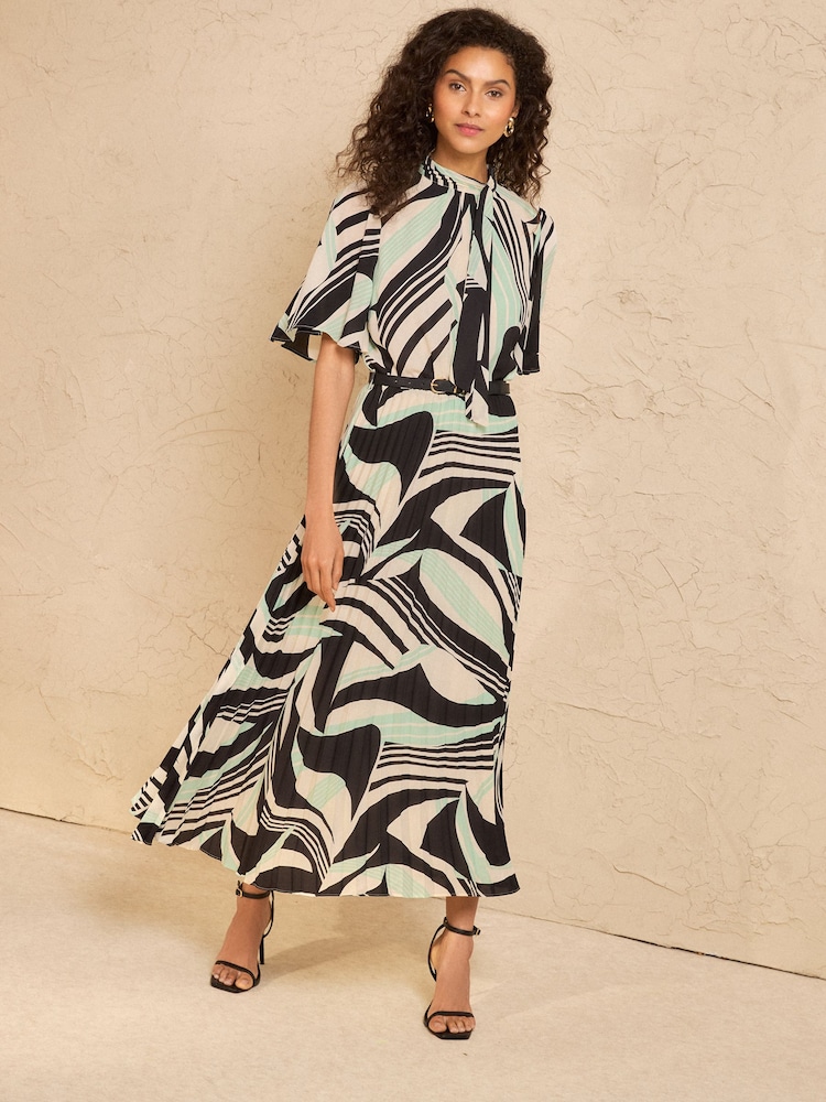 Love & Roses Black Abstract Tie Neck Pleated Midi Dress - Image 1 of 4