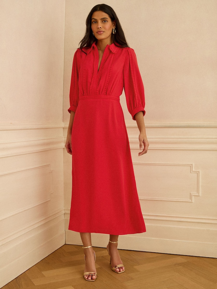 Love & Roses Red Zip Collar Ruffle Trim Shirt Midi Dress - Image 1 of 4