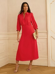Love & Roses Red Zip Collar Ruffle Trim Shirt Midi Dress - Image 3 of 4