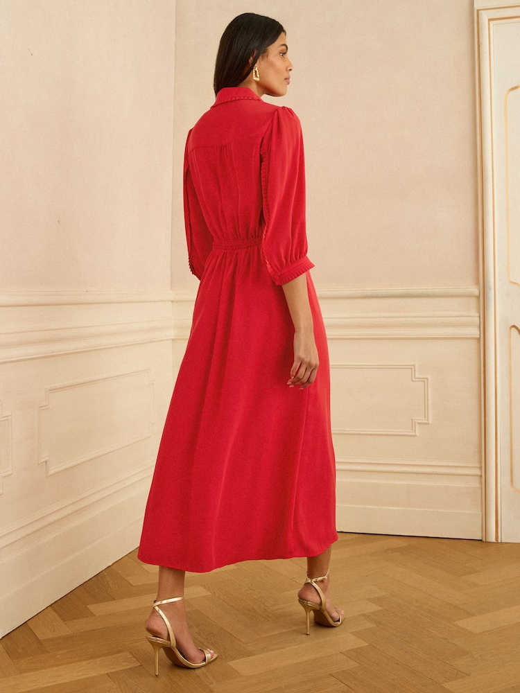 Love & Roses Red Zip Collar Ruffle Trim Shirt Midi Dress - Image 4 of 4