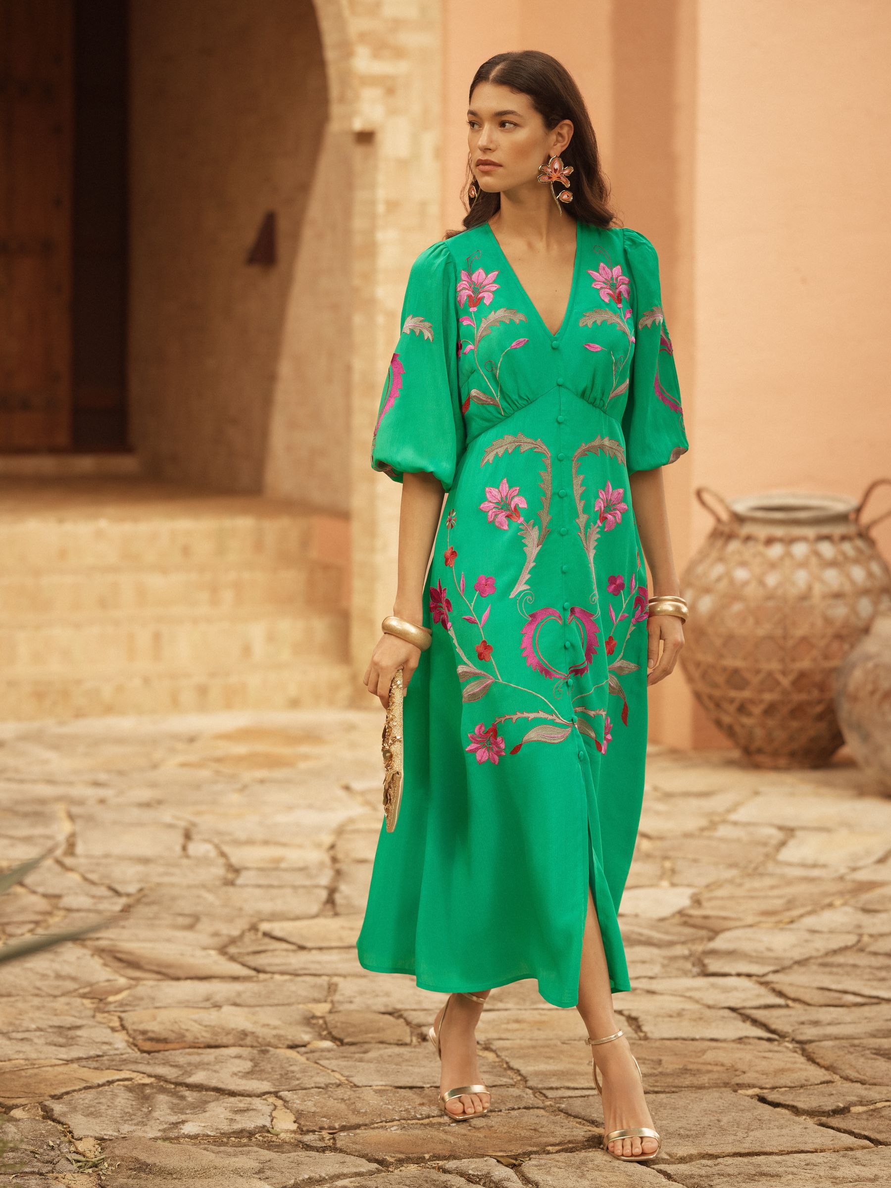 Buy Love & Roses Bright Green Woodblock Embroidered V-Neck Midi
