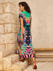 Love & Roses Navy Multi Tropical Print Belted T-Shirt Jersey Midi Dress - Image 2 of 4