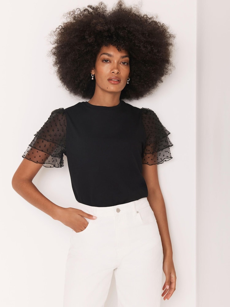 Mint Velvet Black Cotton Tulle Sleeve T-Shirt - Image 1 of 8