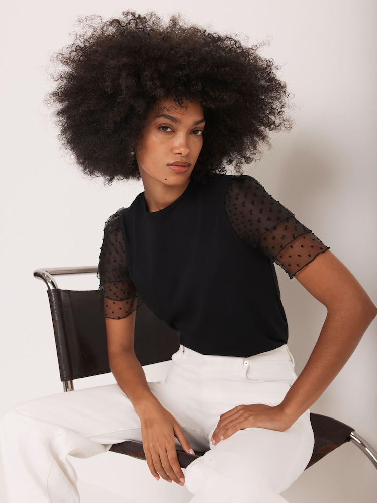 Mint Velvet Black Cotton Tulle Sleeve T-Shirt - Image 2 of 8